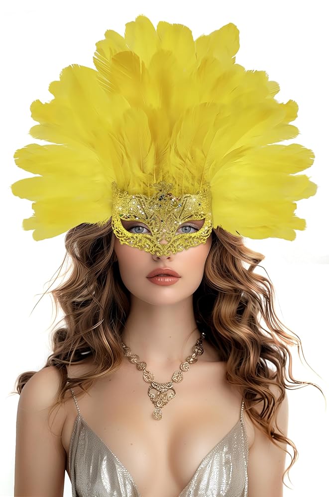Yellow feathered masquerade mask with a glittering gold face covering, shown on a model in a close-up portrait