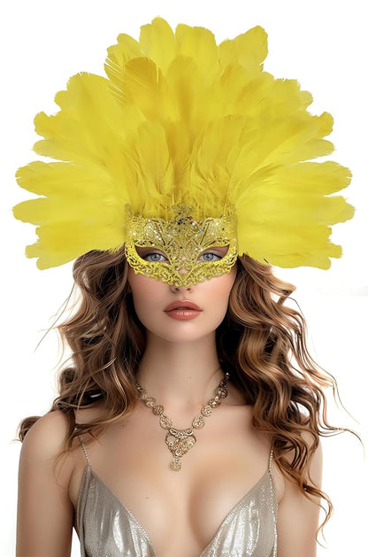 Yellow feathered masquerade mask with a glittering gold face covering, shown on a model in a close-up portrait