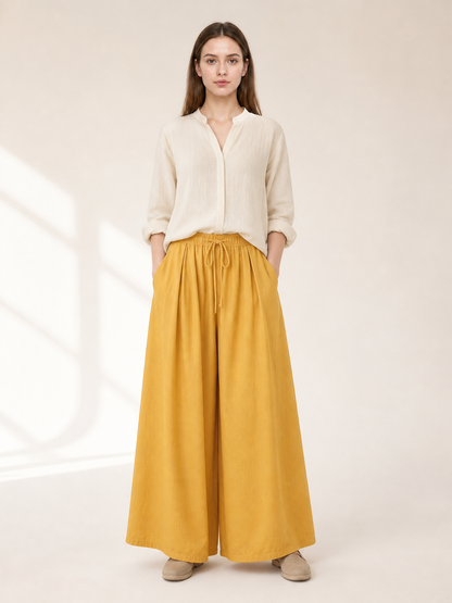 Wide-Leg Yellow High-Waisted Pants with Drawstring