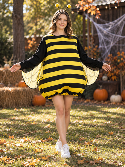 A loose, rounded bee-themed tunic costume with horizontal black-and-yellow stripes, long black sleeves, translucent side wings, and an elasticized scalloped hem.