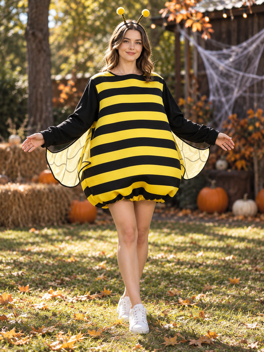 A loose, rounded bee-themed tunic costume with horizontal black-and-yellow stripes, long black sleeves, translucent side wings, and an elasticized scalloped hem.