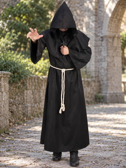 A floor-length black hooded monk-style robe with a pointed hood, layered shoulder cape, long sleeves, front cross detail, and a light-colored rope belt.