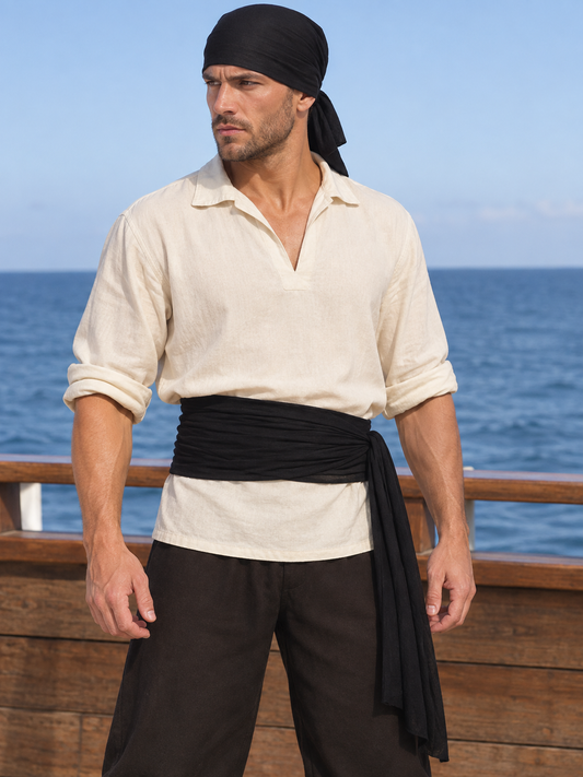 A black pirate-style fabric accessory set consisting of a head scarf with tied back tails and a long waist sash with a hanging end.