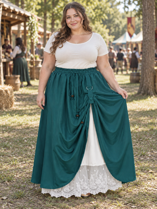 A long teal-green Renaissance-style skirt with an elasticized drawstring waist, a white lace-trimmed inner layer, and adjustable front draping gathered with straps and button-like toggles.