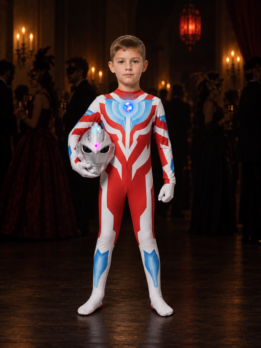 Child wearing the light-up red, white and blue galaxy hero jumpsuit costume with white gloves, holding the silver mask, front view