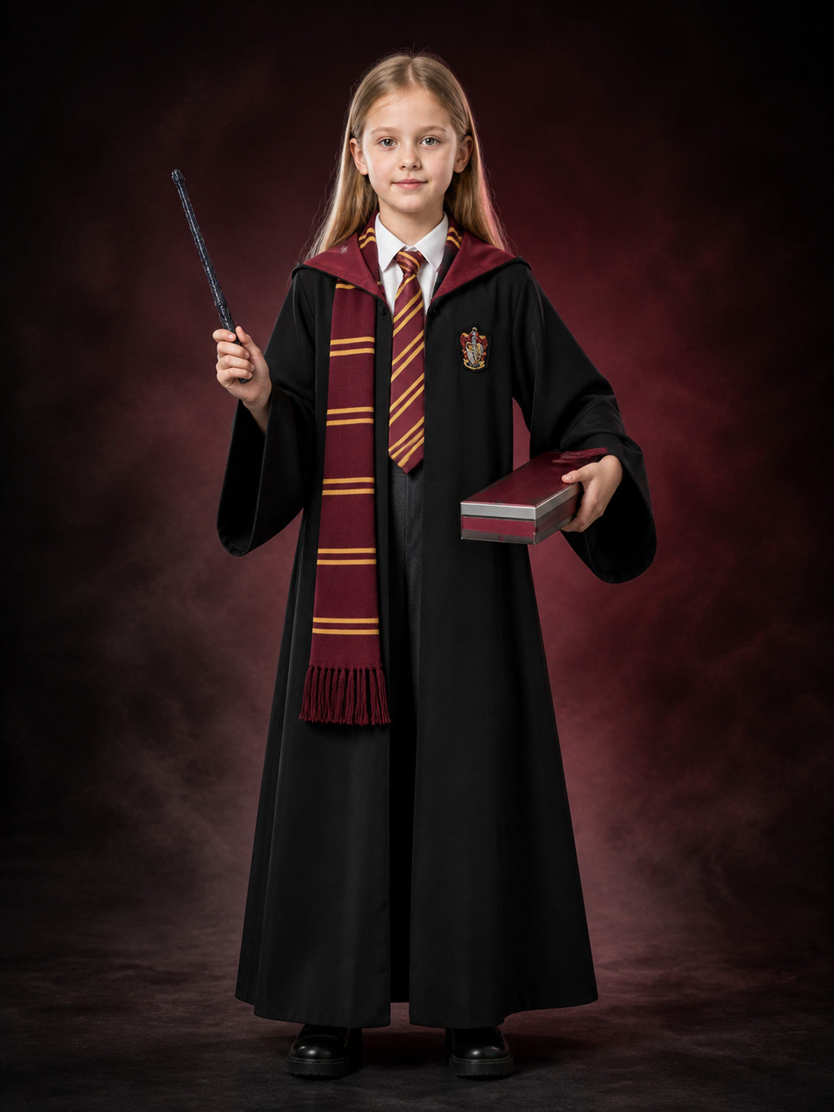 Kids Black Hooded Wizard Robe Costume Set with Tie, Scarf and Wand main product view