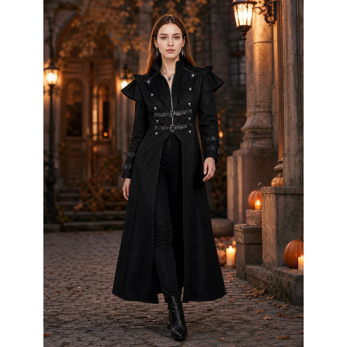 Gothic Coat with Stand Collar and Buckles