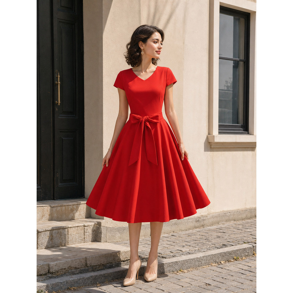 Red dress featuring a fitted bodice and flared skirt silhouette. The design includes a V-neckline and short sleeves, with a bow centered at the waistline and long decorative ribbons extending down the front as a distinctive design detail. T