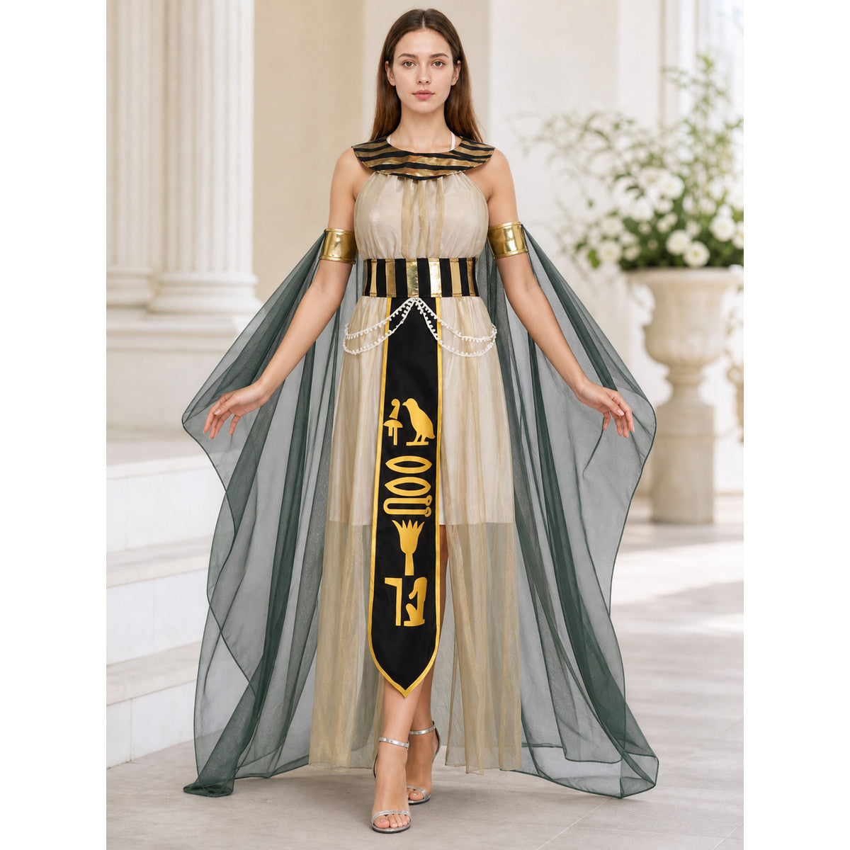 Women’s Egyptian Pharaoh Queen Halloween Cosplay Dress Set with Headpiece, Belt, Arm Accessories and Draped Sleeves for Stage Performance lifestyle