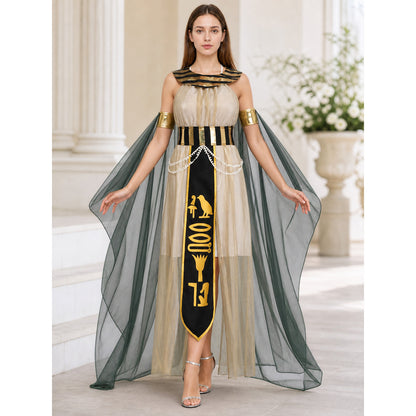 Women’s Egyptian Pharaoh Queen Halloween Cosplay Dress Set with Headpiece, Belt, Arm Accessories and Draped Sleeves for Stage Performance lifestyle