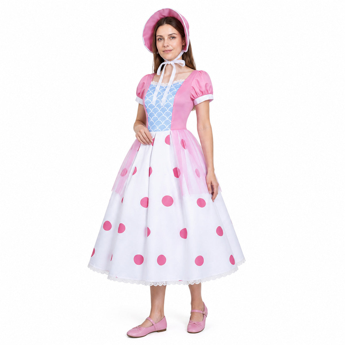Bo Peep Cosplay Dress, White and Light Blue Polka Dot, with Hat lifestyle