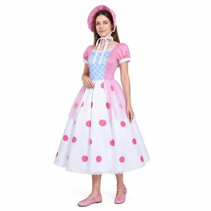 Bo Peep Cosplay Dress, White and Light Blue Polka Dot, with Hat lifestyle