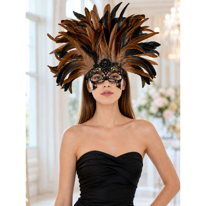 Brown and black feathered headpiece with a black lace eye mask, shown on a model wearing a strapless black dress indoors