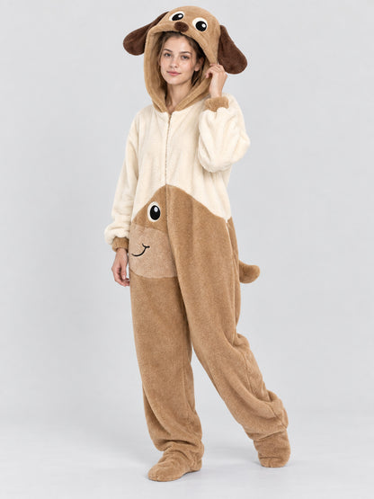 Loungewear jumpsuit with a hood, ears, and tail