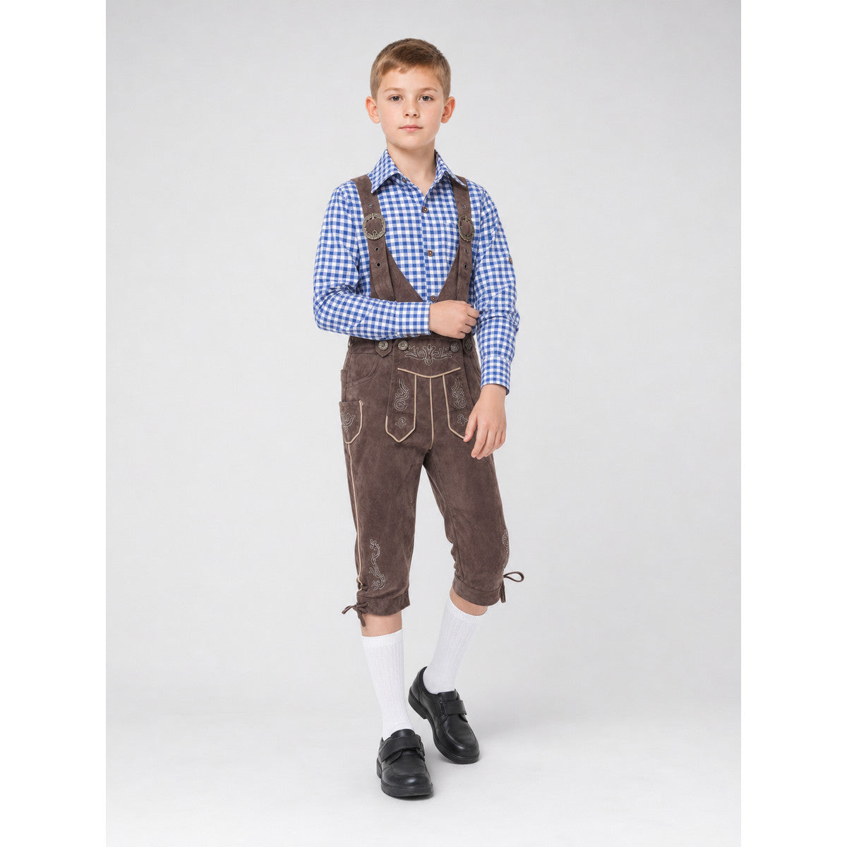 Oktoberfest Costume: Plaid Shirt and Pants on-model front view