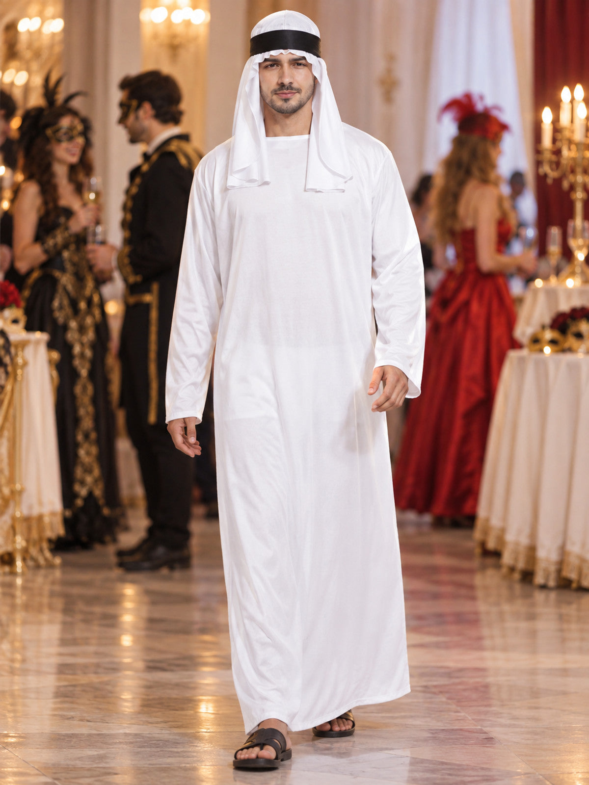 Arabic Cosplay Costume: White Robe, Headscarf, Beard