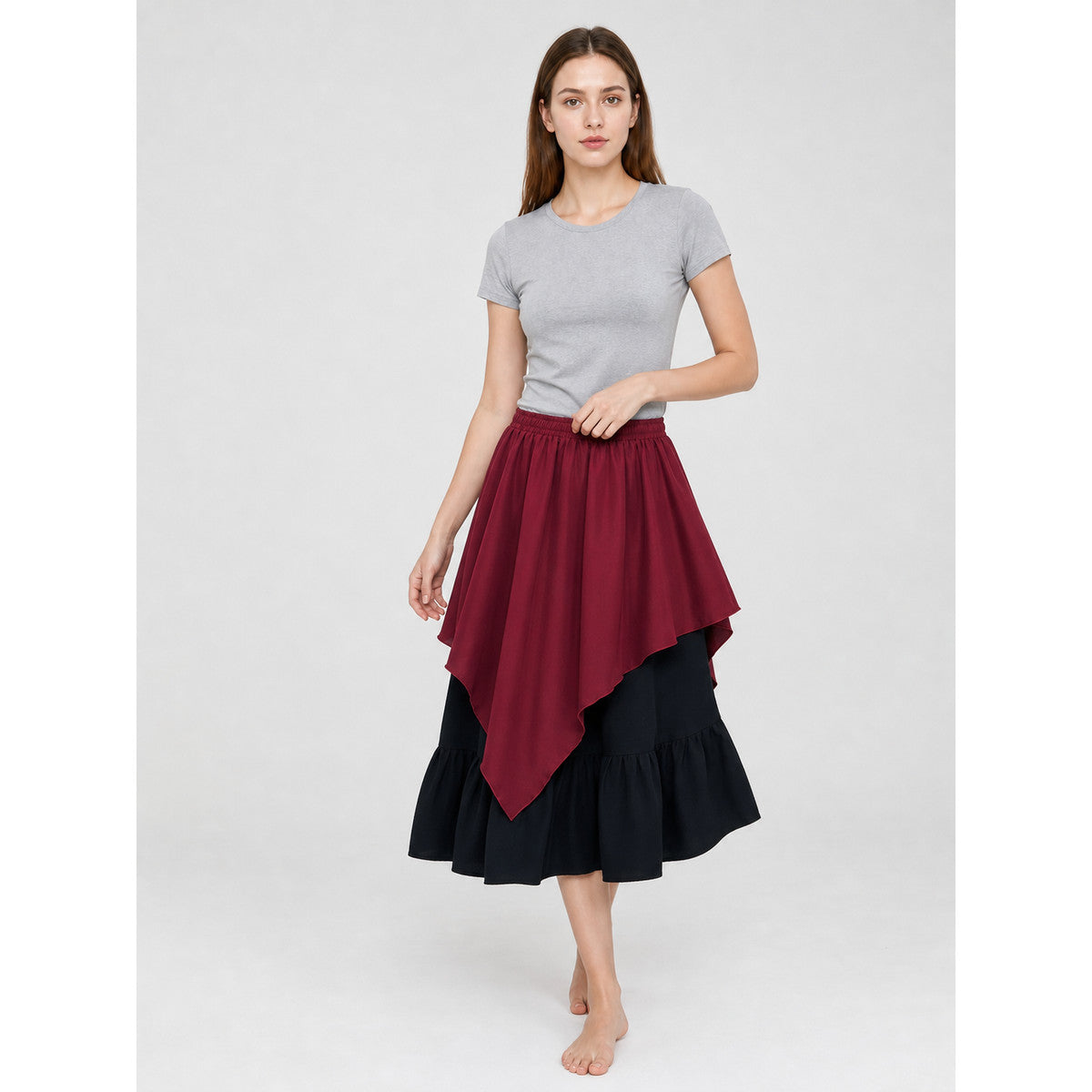 Multi-Tiered Burgundy-Black Skirt with an Asymmetrical Hem