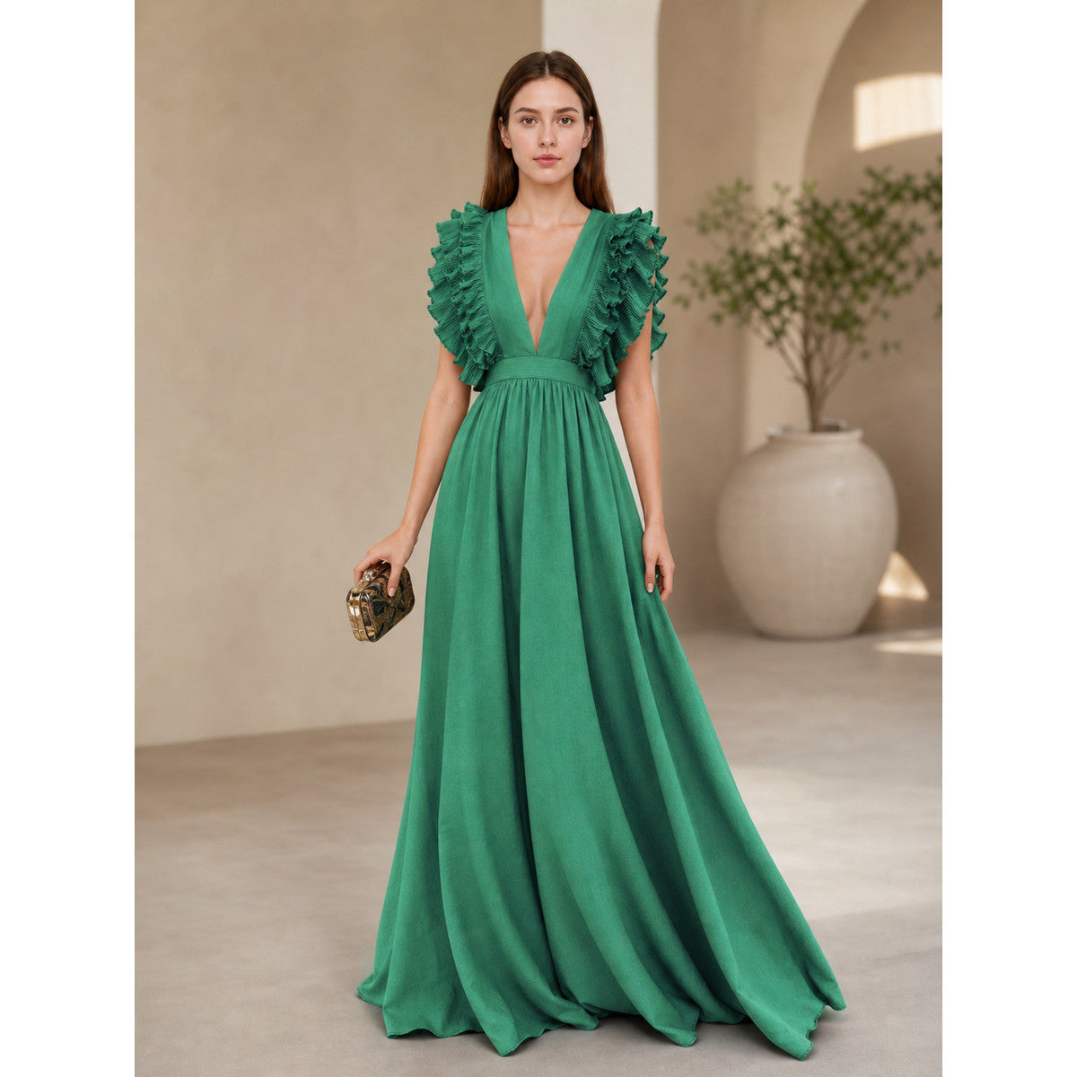 Emerald Green Maxi Dress with a V-Neckline lifestyle