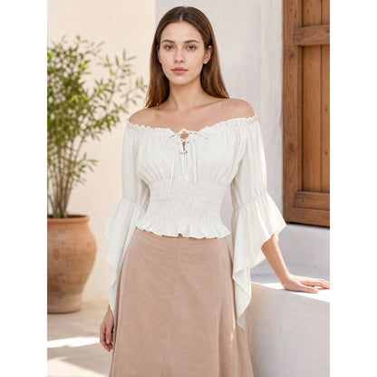Off-the-Shoulder Lace-Up Crop Blouse