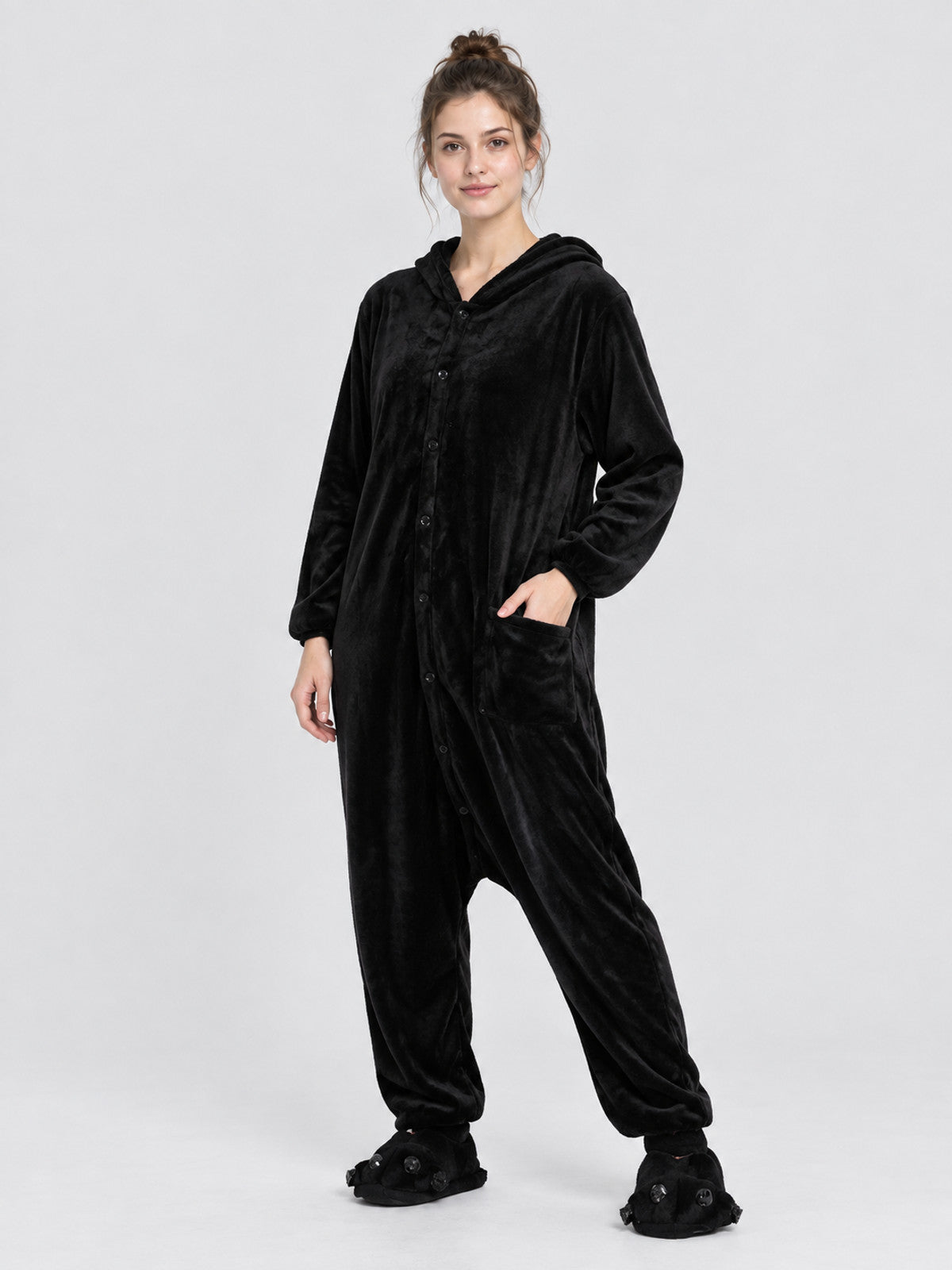 Black Flannel Hooded Pajama Jumpsuit