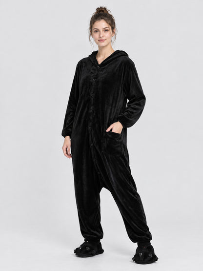 Black Flannel Hooded Pajama Jumpsuit