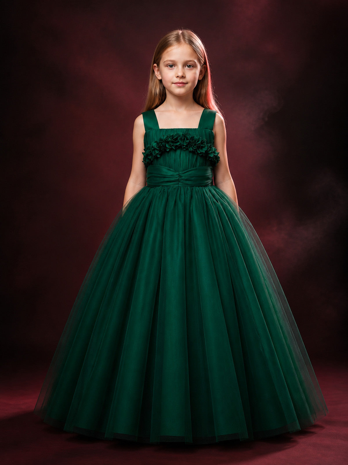 Girls' Dark Green Princess Formal Dress with Layered Tulle Skirt, Bow, and 3D main product view