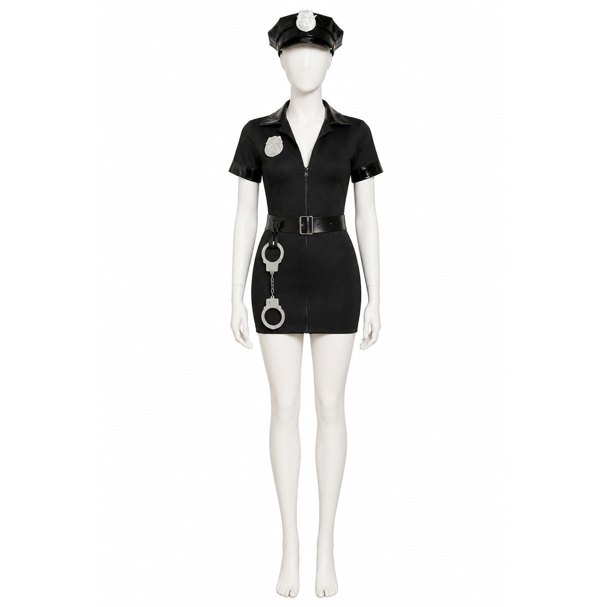 Black Police Costume with Collar, Zipper, and Belt Costumes detail