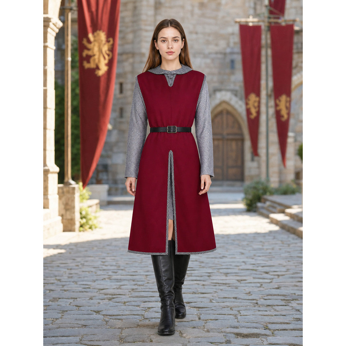 Halloween Medieval Knight Cosplay Costume Set, 3-Piece Burgundy Sleeveless Robe, Silver Chainmail Top And Black Belt For Role Play lifestyle