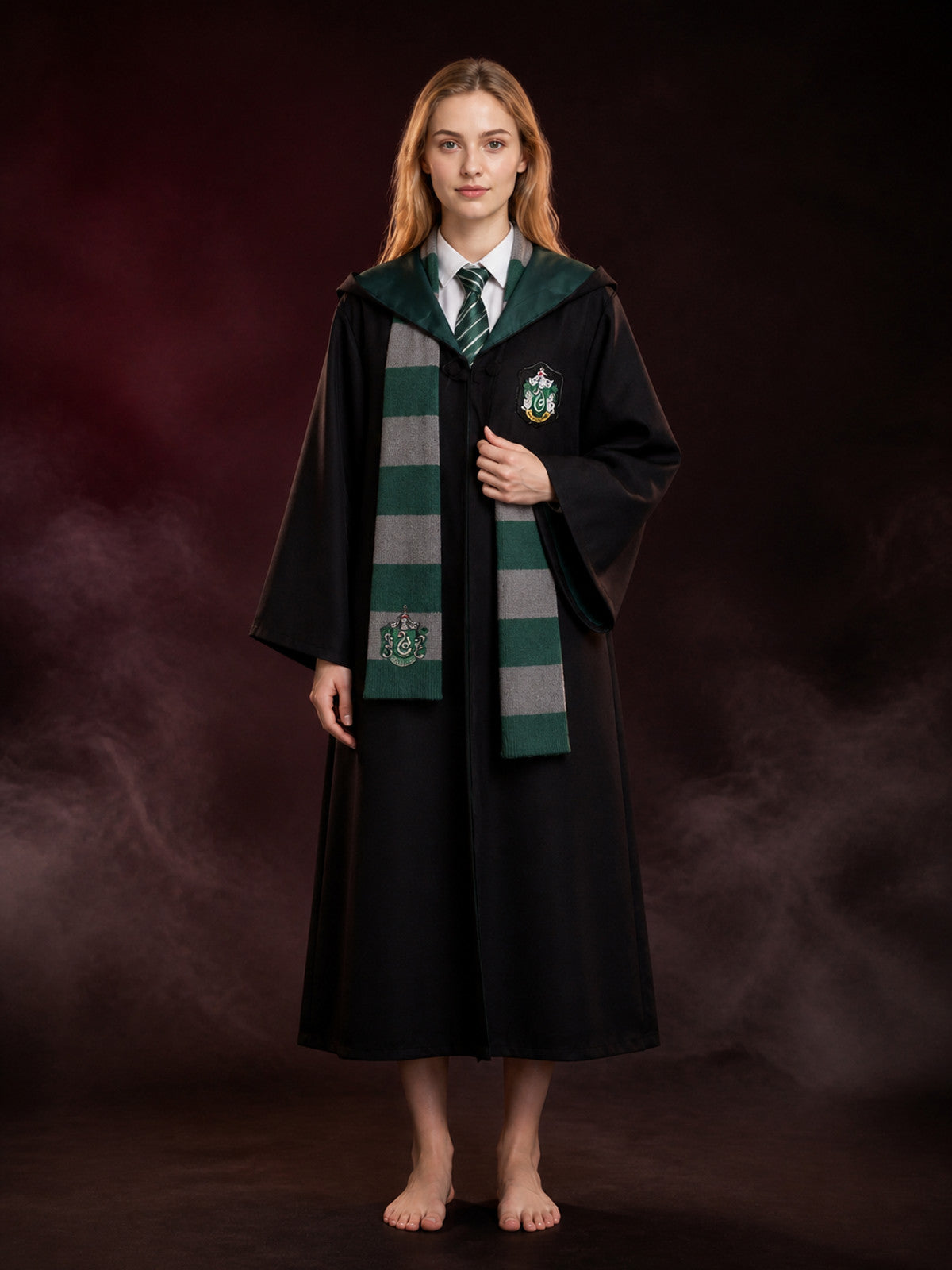 Snake House Wizard Costume Set, Hooded Robe With Striped Tie And Scarf main product view