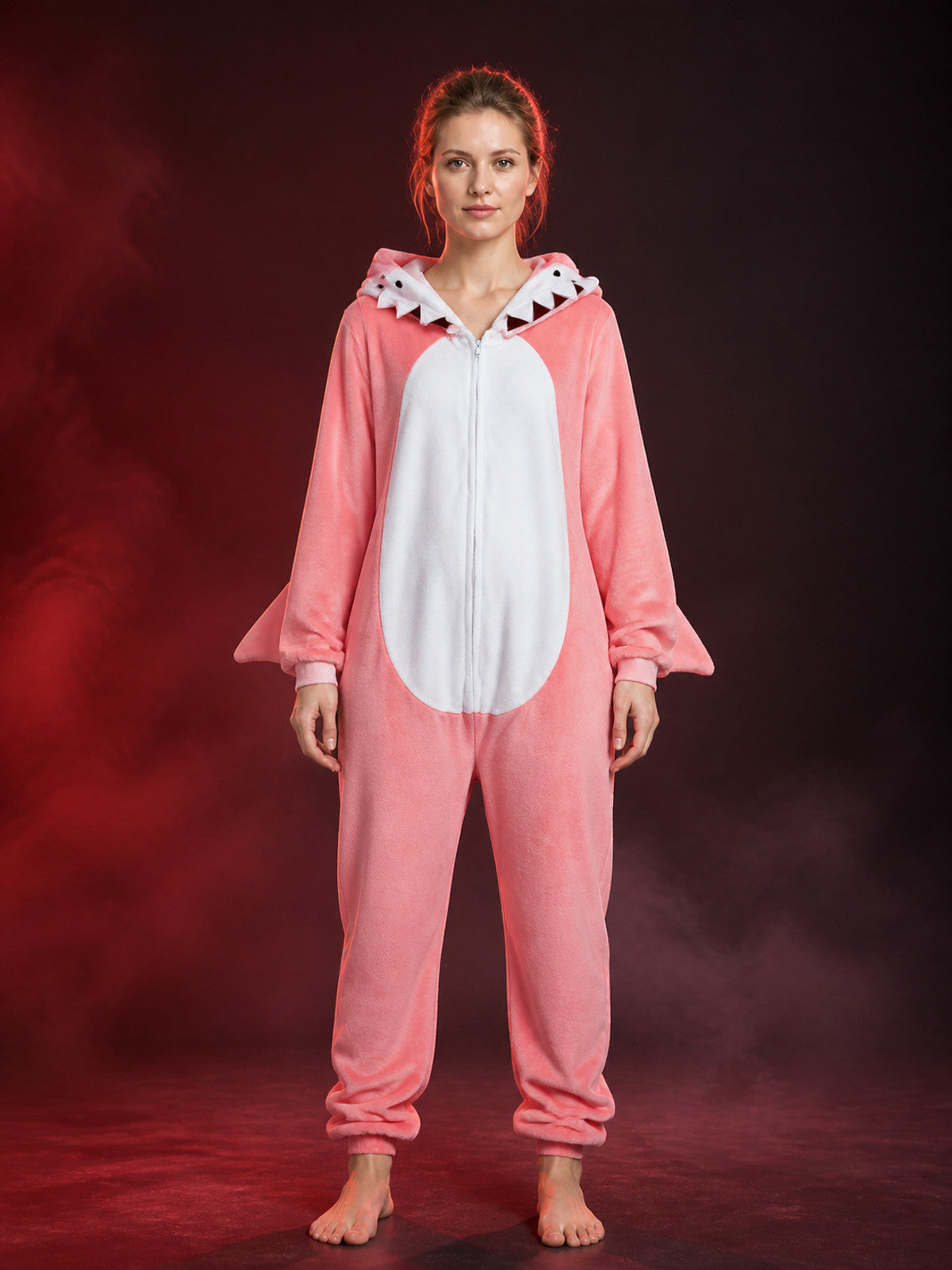 Pink And White Animal Hooded Zipper Jumpsuit Costume