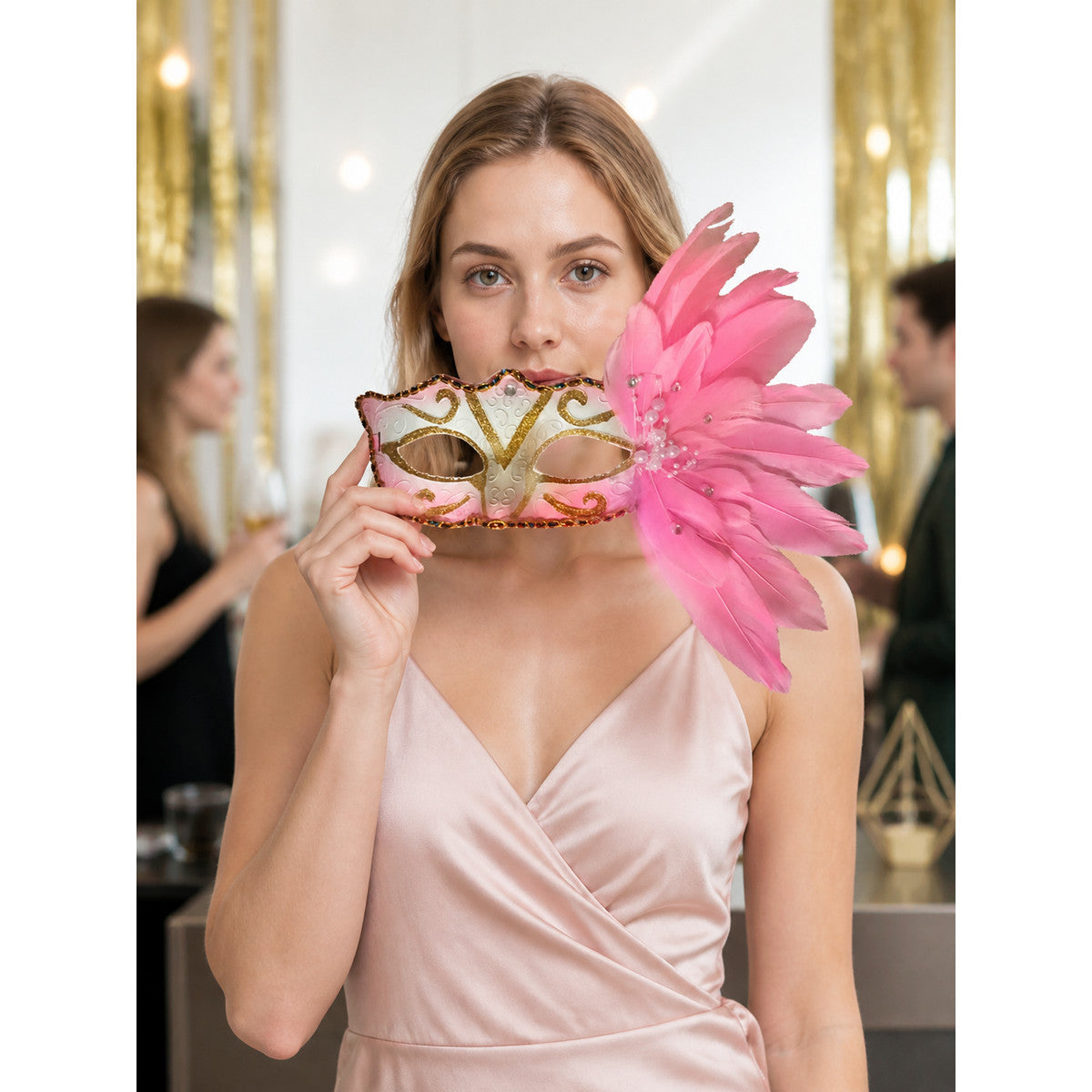 Pink Carnival Mask for Halloween and Cosplay lifestyle view