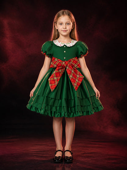 Girls' Christmas Elf Dress, Dark Green Ruffled Princess Costume with Puff main product view