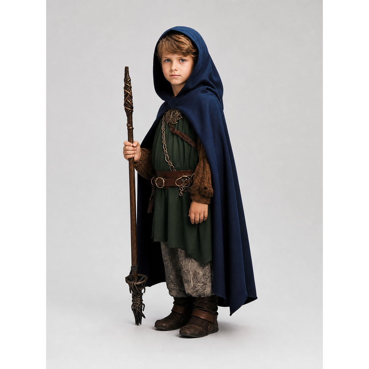 Dark blue hooded cloak shown from a three-quarter side view on a child, with a long flowing back and pointed hem