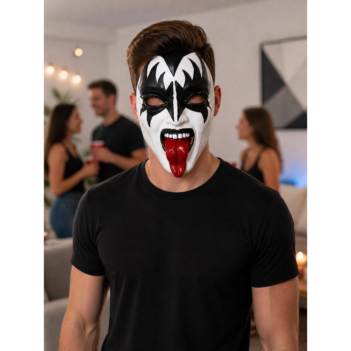 Black-and-White Cosplay Mask with Red Tongue for Halloween lifestyle view