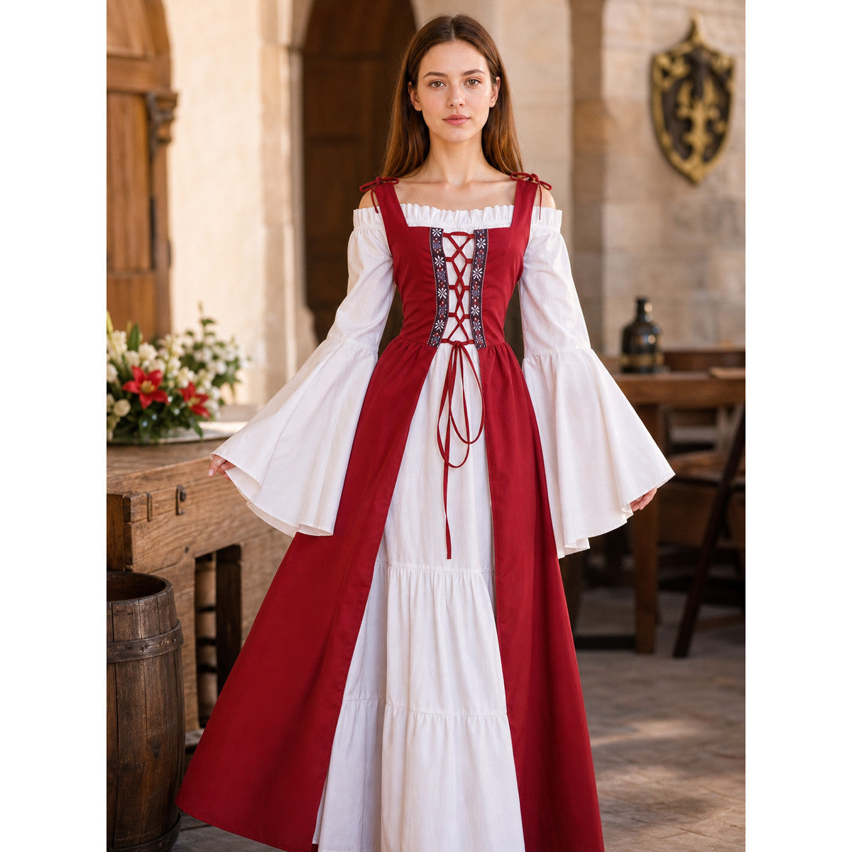 Red and White Renaissance-Style Medieval Dress lifestyle view