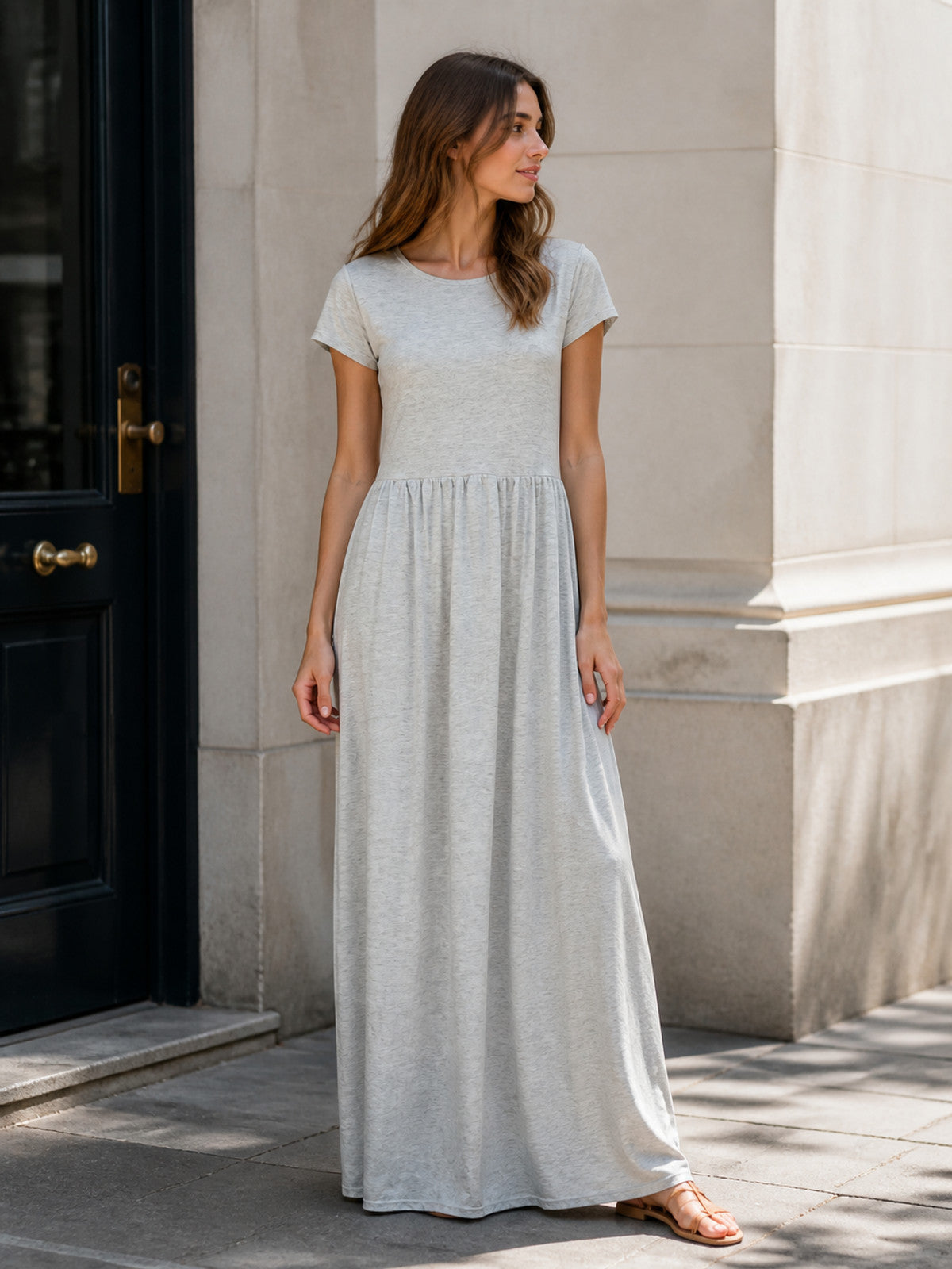 Women's Long Gray Dress with Short Sleeves