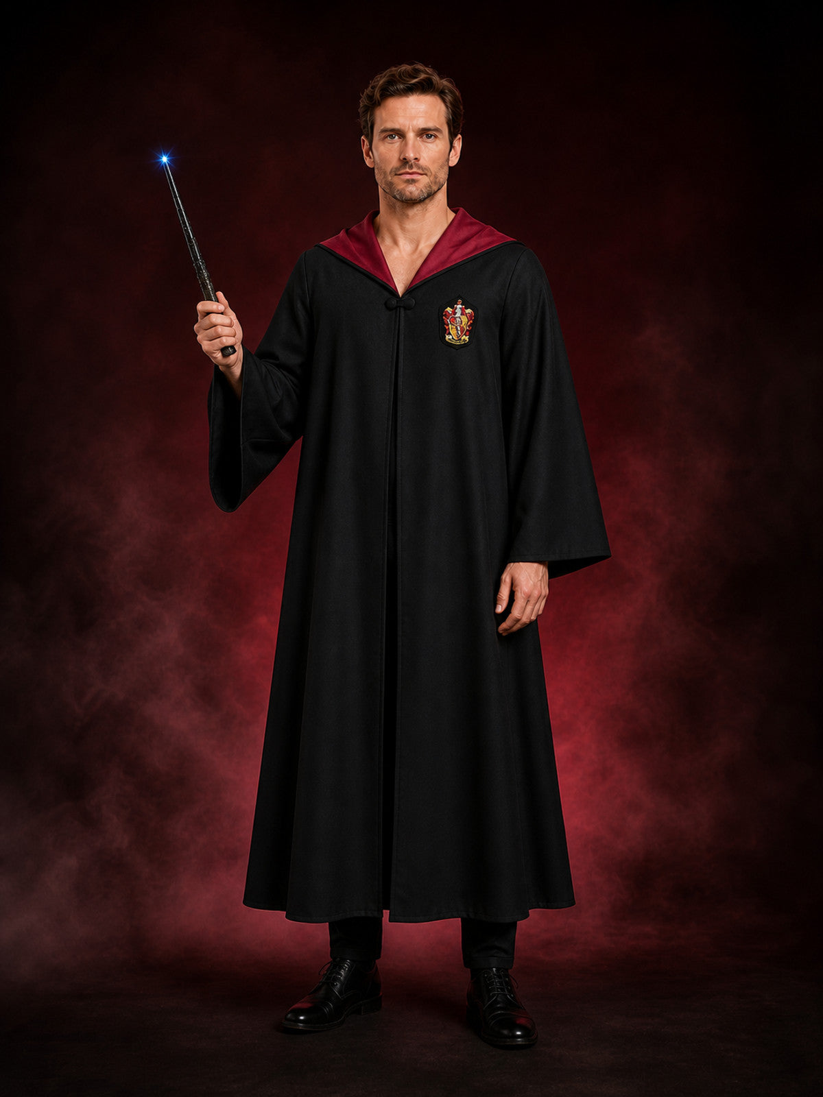 Hooded Wizard Robe Costume Set with Magic Wand, Black Long Cloak main product view