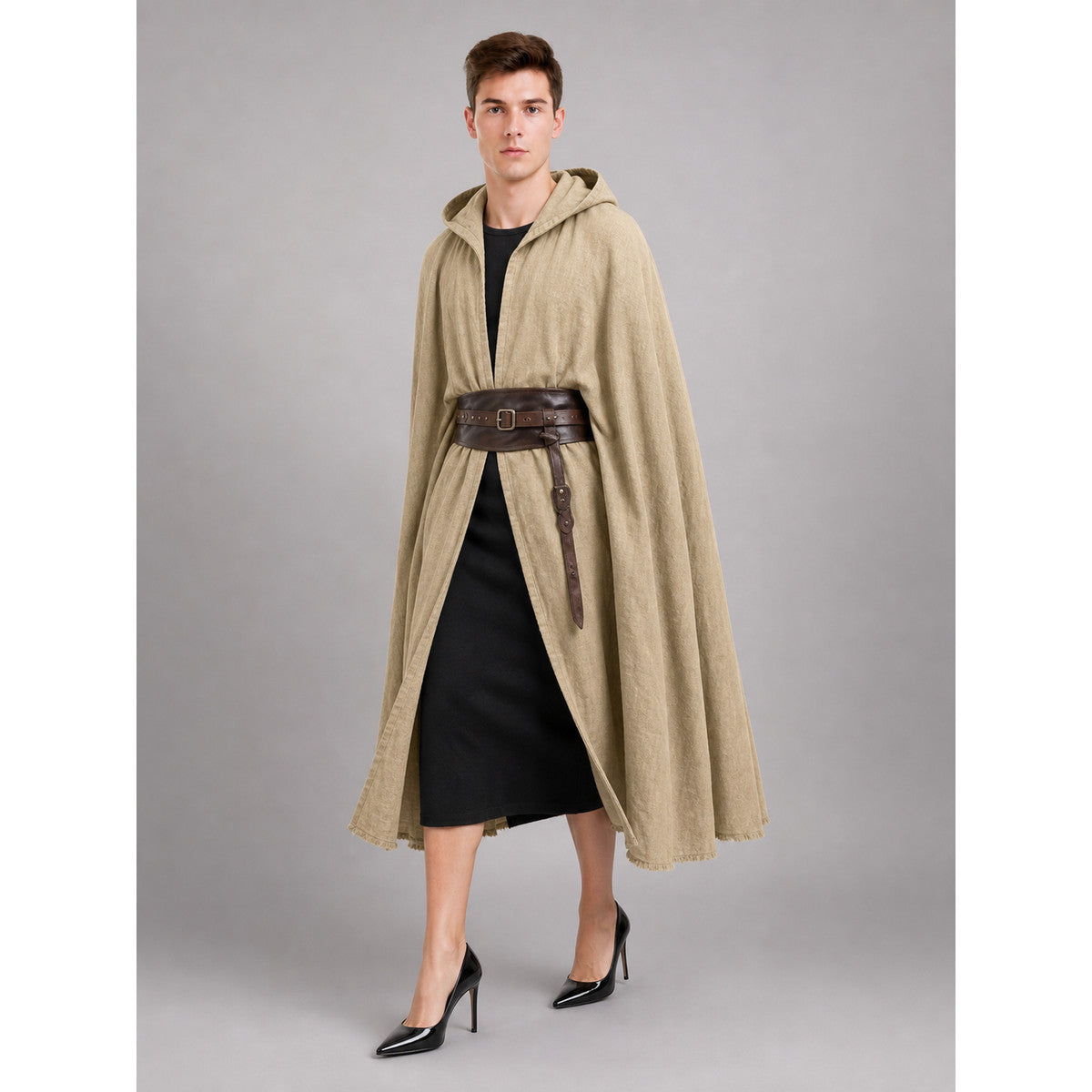 Khaki Hooded Medieval Carnival Cloak lifestyle