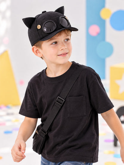 Kids' Baseball Cap with Ears and Decorative Glasses, Black