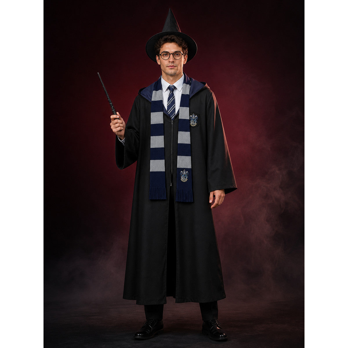 Men's Wizard Costume Set, Hooded Long Robe With Pointed Hat, Glasses, Wand And main product view