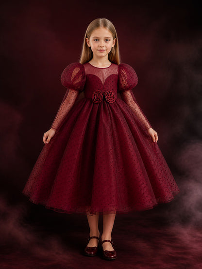 Girls' Maroon Princess Dress with Bubble Sleeves and Rose Waist Detail main product view