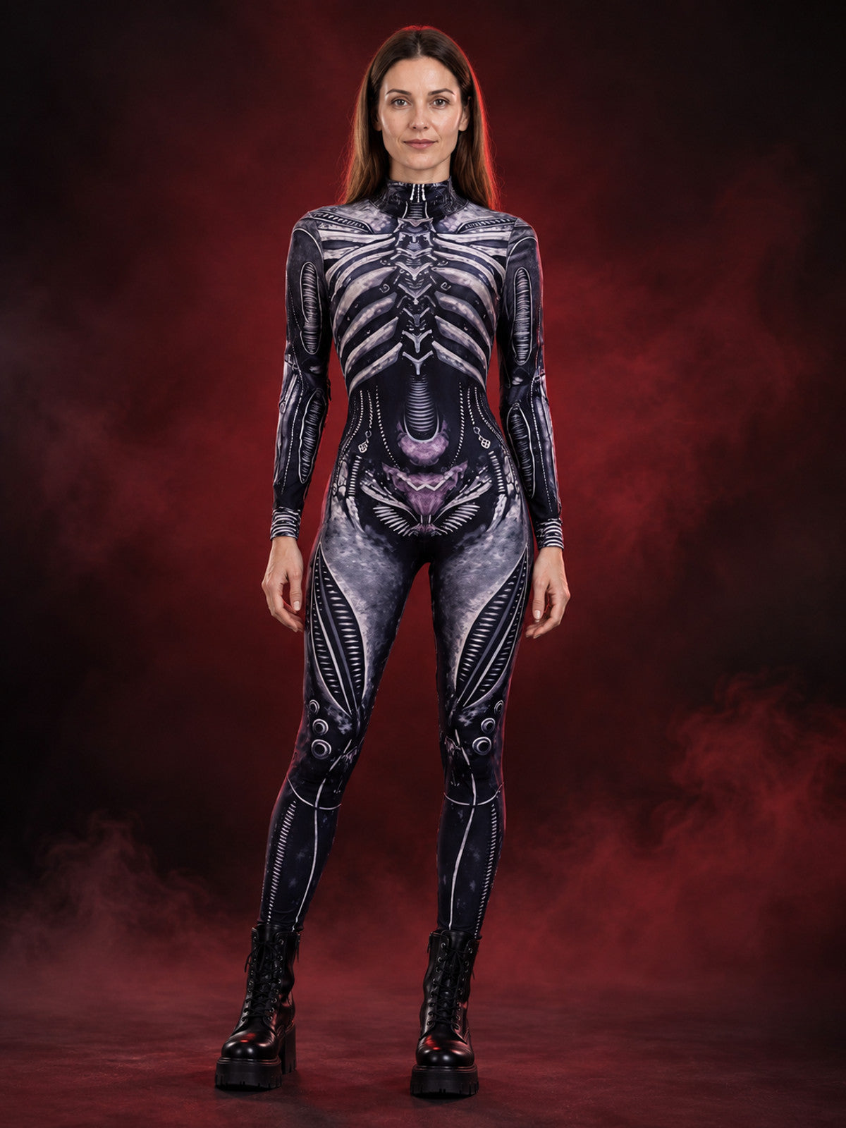 Black Gothic Skeleton Print Bodysuit Jumpsuit