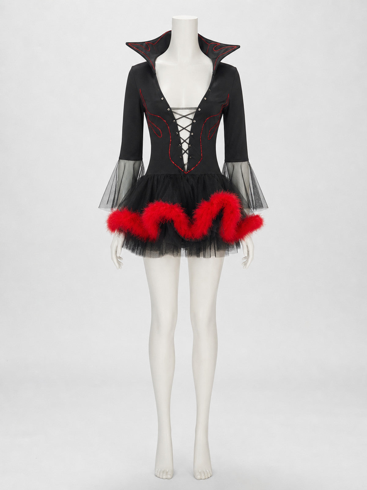The Halloween costume is designed in a black-and-red color scheme and combines