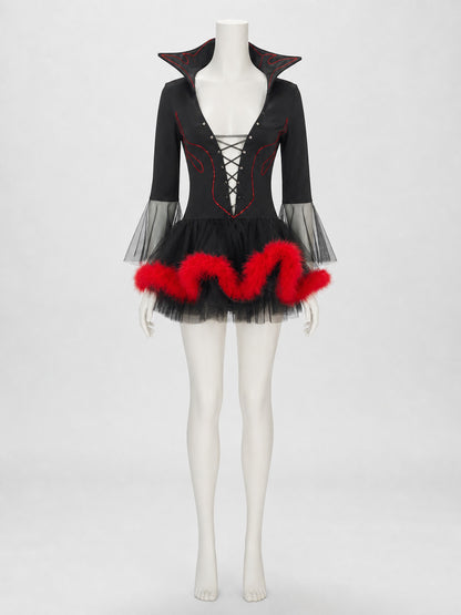 The Halloween costume is designed in a black-and-red color scheme and combines