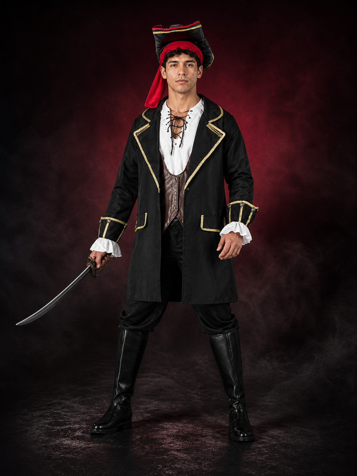 Unisex Pirate Costume Set With Long Coat, Vest, Shirt, Pants, Hat and Headscarf main product view