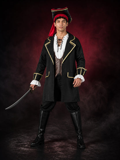 Unisex Pirate Costume Set With Long Coat, Vest, Shirt, Pants, Hat and Headscarf main product view