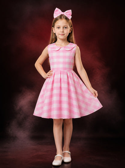 Kids' Pink and White Plaid Princess Dress Costume Set with Bow Headband main product view