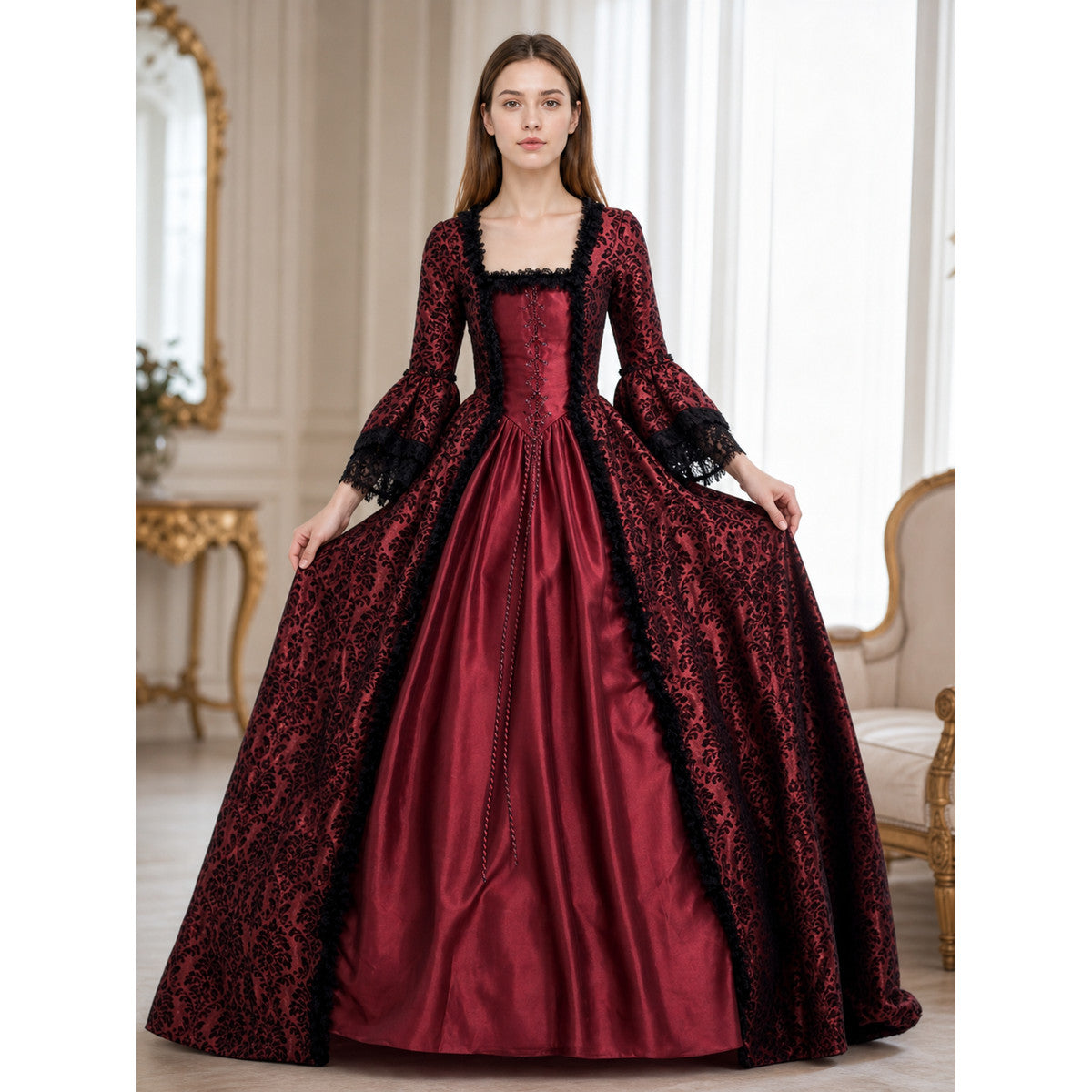 Renaissance Dress with Lace Sleeves and Cords