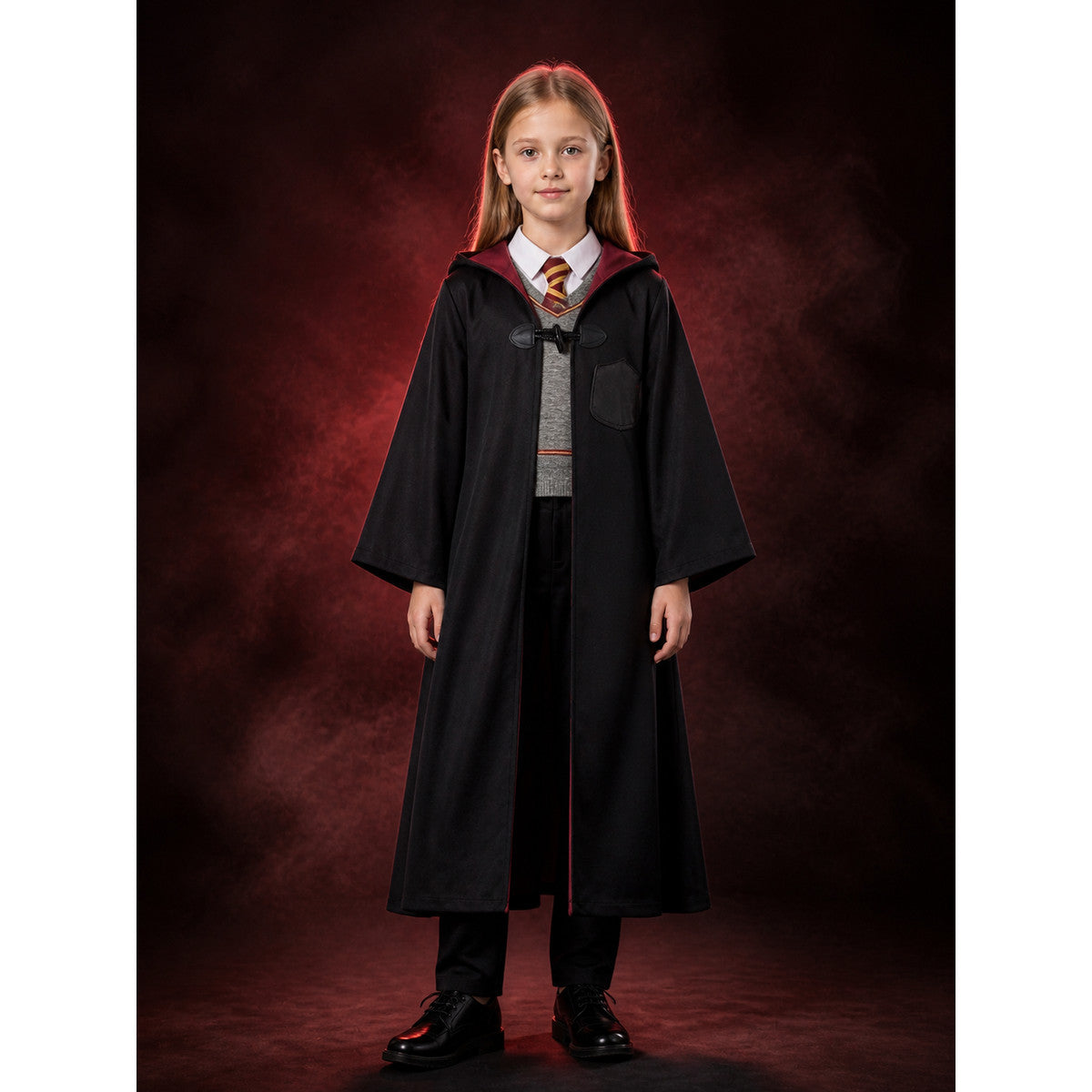 Kids' Wizard Costume Set, Hooded Robe, Gray Top and Black Pants main product view