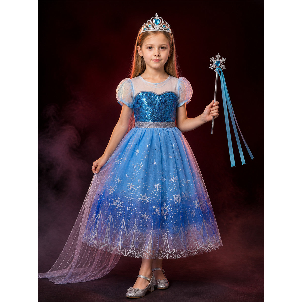Kids Snow Queen Blue Sequined Snowflake Puffy Princess Dress Halloween Costume main product view